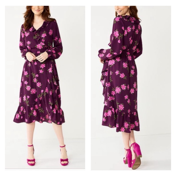 DRAPER JAMES RSVP Long Sleeve Ruffle Wrap Midi Dress Women’s SZ XXL Plum Floral - Picture 1 of 10